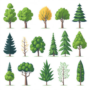 Green trees over white background set graphic
