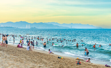 Obraz premium Nha Trang, Vietnam - July 4th, 2022: The coastal city of Nha Trang in the morning, beautiful coastline. This is a city that attracts to relax in central Vietnam
