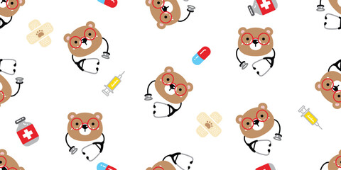 Obraz premium bear polar seamless pattern medicine doctor pills hospital capsule stethoscope teddy cartoon vector tile background gift wrapping paper repeat wallpaper scarf isolated doodle illustration design