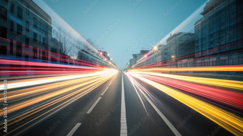 Poster blurred traffic light trails on road in symmetry. generative ai aig21.