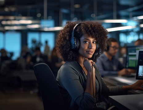 Female Call Center Agent Working In IT Sector Support.