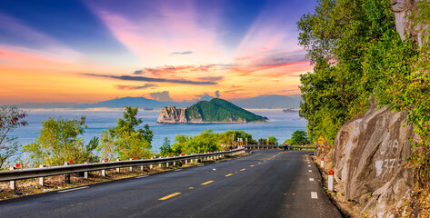 Landscape Vung Ro Bay seen from Ca pass in the morning. This place is considered the dangerous pass and the most beautiful bay in central Vietnam