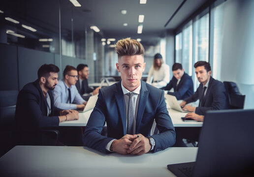 Handsome young man wearing suit in business office, sitting in front of big conference table, in modern bright office with colleagues in the background.
