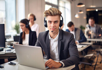 Handsome young business man with quiffed blond hair, shaved sides, wearing headset with microphone working on laptop in office.