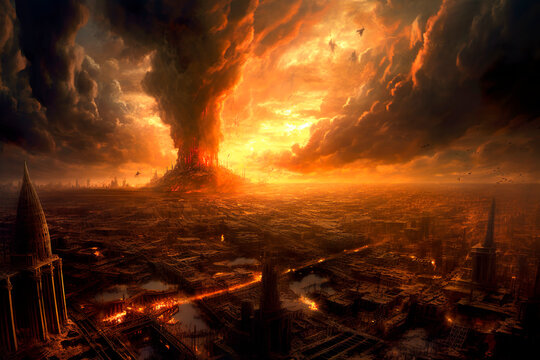 post-apocalyptic city, fire, smoke, abandonment, destruction, explosions, ai generated