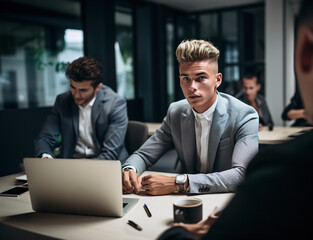 Handsome man with quiffed blond hair and shaved sides on a meeting with his business partners in bright office.