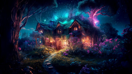 Obraz na płótnie Canvas a fairy-tale house in magical forest, ai generated