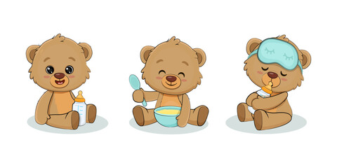 Cute little teddy bear, cartoon animal character. Poster for baby room, baby shower, greeting card, kids and baby t-shirts and wear. Nursery illustration. Vector 