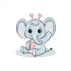 Cute Cartoon Elephant with pink heart isolated on a white background. Vector illustration