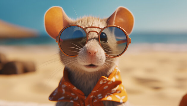 A cute little mouse in fashionable glasses, a gray rat on a sandy beach by the sea. Generative AI.
