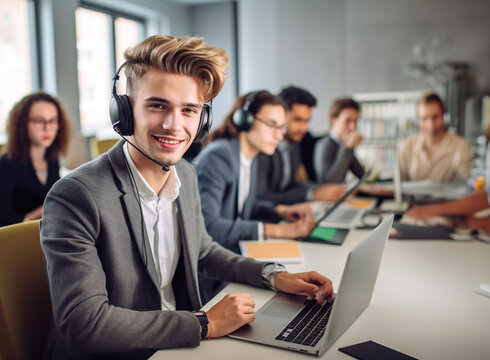 Handsome young business man with quiffed blond hair, shaved sides, wearing headset with microphone working on laptop in customer support office.