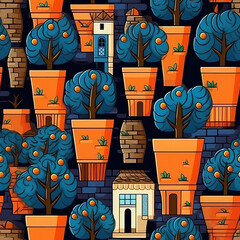 Citrus trees in pots seamless repeat pattern - fantasy colorful cubism, abstract art, trippy psychedelic [Generative AI]