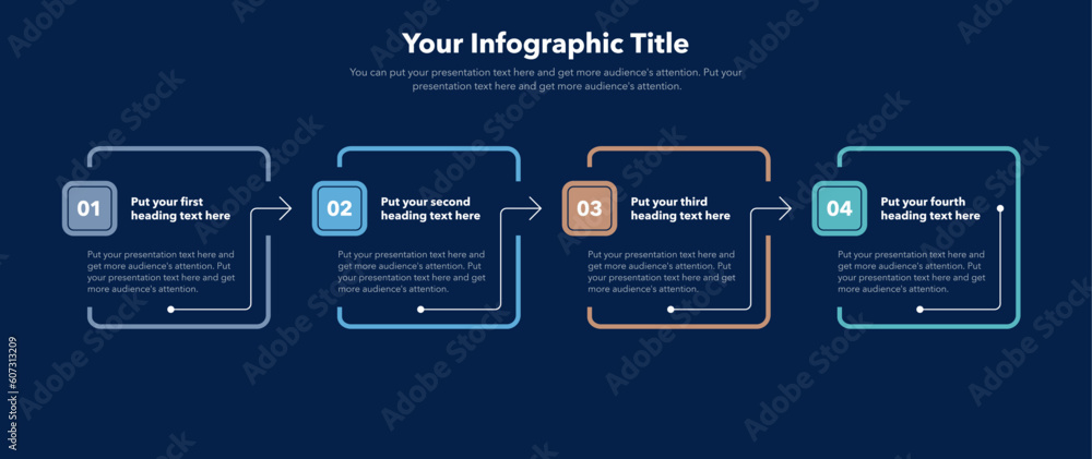 Aufkleber Rectangular process infographic template with four steps - dark version. SImple chart design for workflow layout, diagram, banner, web design.