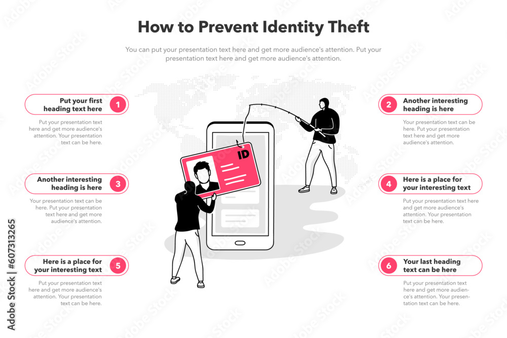 Aufkleber Simple infographic template for how to prevent identity theft. 6 stages template with two hackers stealing someone personal information from his smartphone.