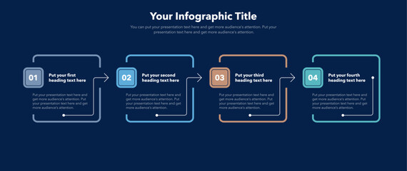 Rectangular process infographic template with four steps - dark version. SImple chart design for workflow layout, diagram, banner, web design.