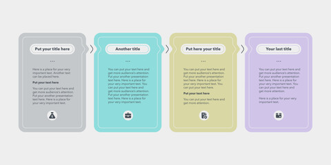 Simple diagram with four colourful connected rectangular choices. Flat presentation template with icons for web design, banner, workflow layout.