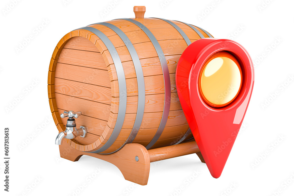 Poster wooden barrel with map pointer, 3d rendering