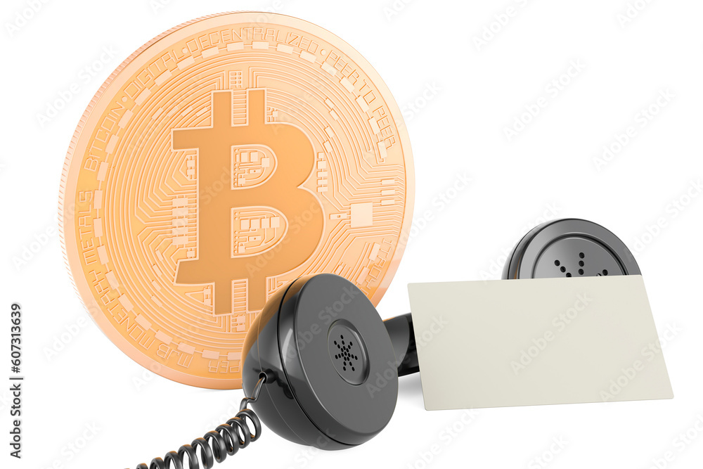 Poster bitcoin with blank business card and retro phone receiver. 3d rendering