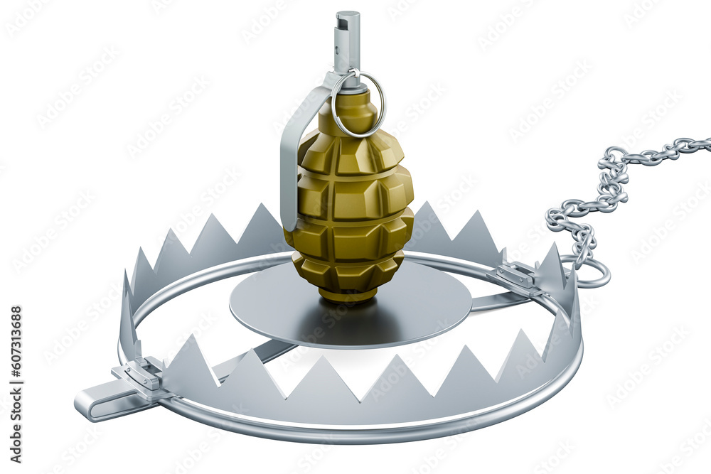 Poster hand grenade inside bear trap, 3d rendering