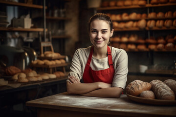 Young saleswoman in apron works on supermarket. Generative AI	
