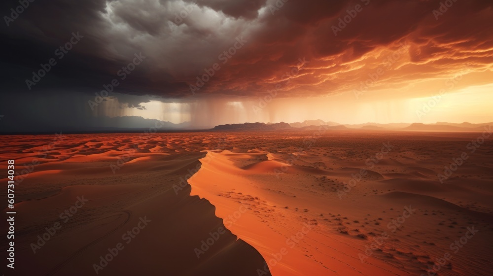 Poster a desert scene with a storm coming in the distance. generative ai image.