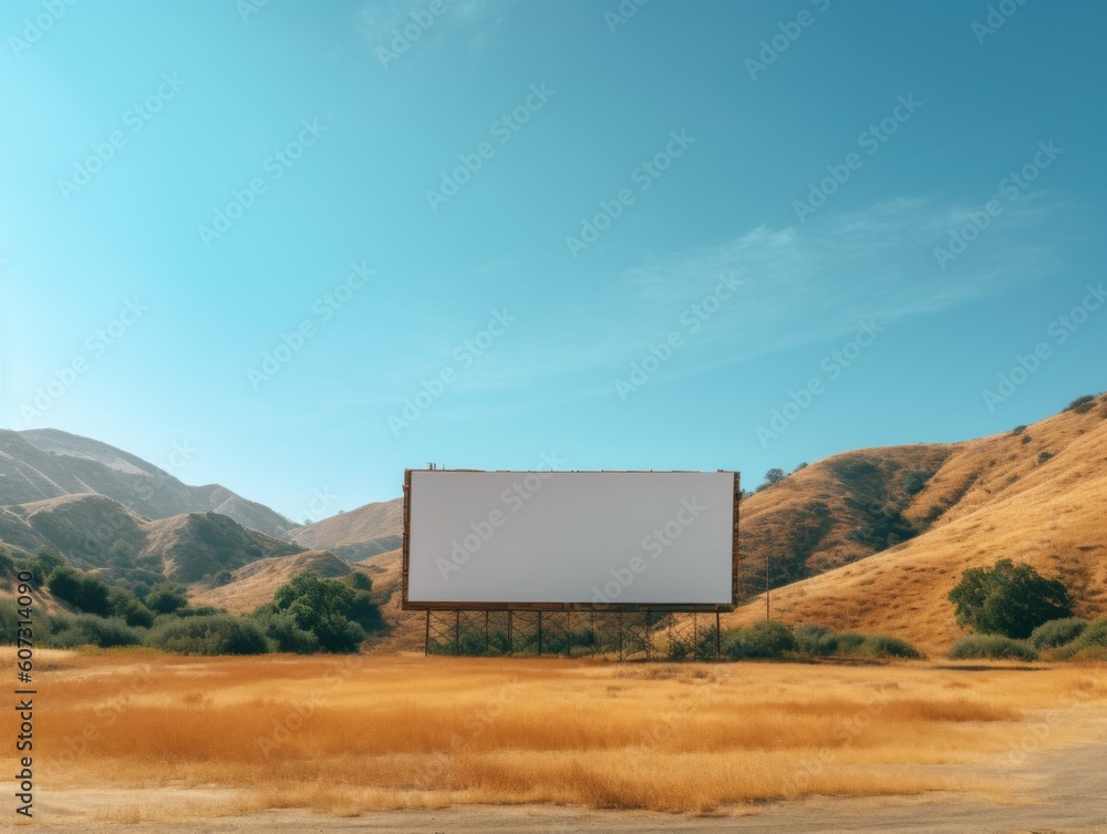 Poster an empty billboard in the middle of a field. generative ai image.