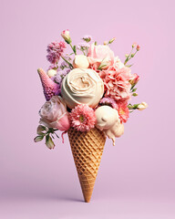 Icecream cone filled with spring blooming blossom fresh flowers on pink purple pastle background. Generated AI.
