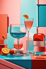 Various glasses and bottles with drink on pastel colorful background with fruits. Summer refreshment time. Pastel pink, blue, orange, yellow, beautiful. Generated AI.