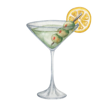 Watercolor illustration. Hand painted dry martini in martini glass with green olives and slice of lemon. Dirty martini. Green cocktail. Alcohol beverage drink. Isolated clip art for menus, banners
