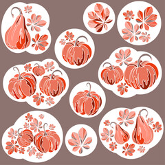 stickers with hand drawn pumpkins and leaf