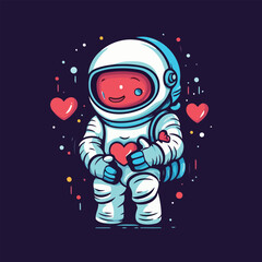 Astronaut holding a heart on it chest cartoon style vector illustration