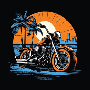 Motorbike on the beach with pump tree and sunset background.