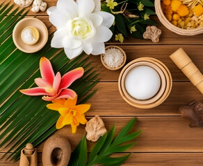 Fototapeta premium Tropical, sammer composition. Layout with exotical fruits, flowers, foliage.Flat lay, top view. Background for cosmetic, wellness, spa, resort template.Generative ai