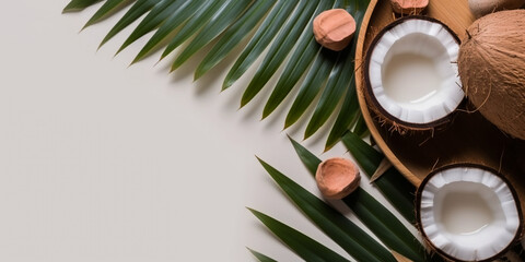 Obraz na płótnie Canvas Template with coconuts and tropical palm leaves, overlay shadow. Summer vacation, resort concept. Tropical mockup, natural background, banner with place for text. Flat lay, top view.Generative ai.