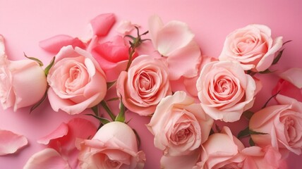 Obraz na płótnie Canvas Spring roses flowers on pink pastel background Generative AI