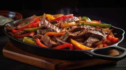 Sizzling hot fajitas with strips of steak, bell peppers, onions and a side of tortillas, served on a cast iron skillet - Generative AI