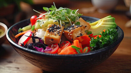 A vegan poke bowl with marinated tofu, seaweed salad, and fresh veggies - Generative AI