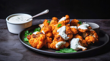 A plate of crispy cauliflower wings with a side of vegan ranch dressing - Generative AI - obrazy, fototapety, plakaty