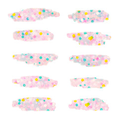 cute pink sticker template with specks and dots on transparent background, kawaii, individual pastel labels, customizable tags, blank templates, png file