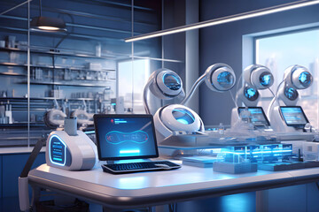 Modern sci-fi futuristic interior blue office design. Futuristic conference room interior. Future technology business marketing concept. 3d rendering, Generative AI illustration