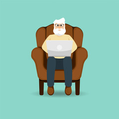 Cartoon smart senior typing over sofa chair on isolated background, Vector illustration.