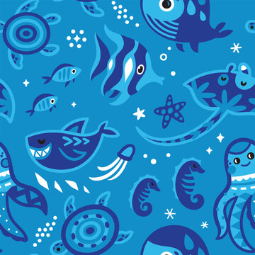 Marine seamless pattern with cute creatures