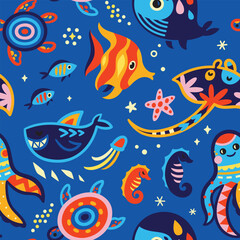 Marine seamless pattern with cute creatures in bright colours