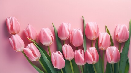Spring tulip flowers on pink background Generative AI