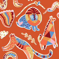 Seamless pattern with abstract African animals in childish style. Vector illustration - 607318681
