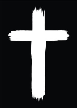 Hand drawn christian cross symbol painted with ink on black background