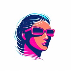 Fototapeta na wymiar Synthwave Neon Cyberpunk Female Logo, Female Business Woman Gamer with Glasses, Synthwave Beautiful Lady Logo