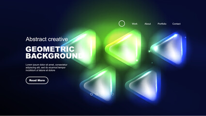 Abstract background landing page, glass geometric shapes with glowing neon light reflections, energy effect concept on glossy forms