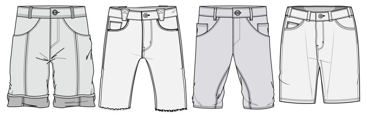 Men's Denim Shorts Set Vector, Fashion Illustration, CAD, Technical Drawing, Flat Drawing, Template, Mockup.	