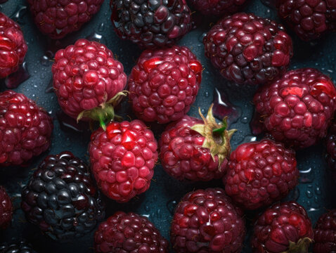loganberry fruit or red blackberry. A hexaploid hybrid produced from pollination of a plant of the octaploid blackberry cultivar Aughinbaugh by a diploid red Generative AI